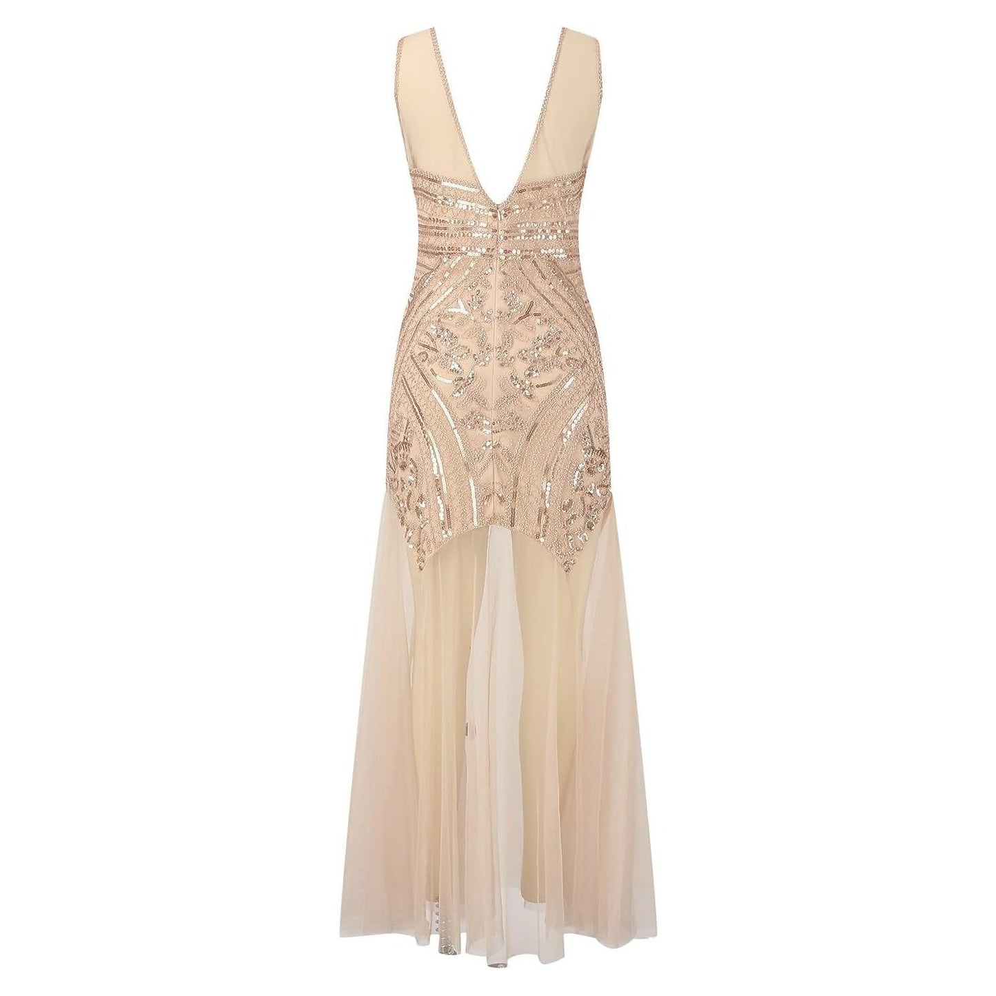 Sheer V-neck Beaded Evening Gown