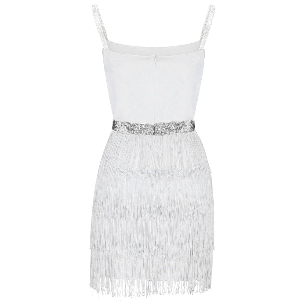 Glitter Strap Tiered Fringe Mini Dress
