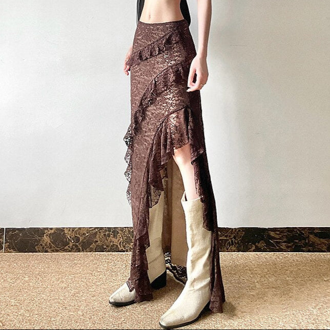 Gothic Style Asymmetrical Ruffled Lace Maxi Skirt - Retrorobe