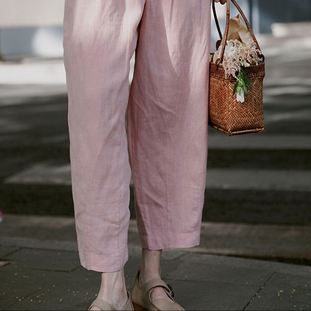 Vintage Loose Fit Pink Linen Pants - Retrorobe
