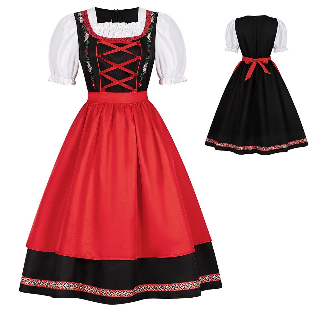 Oktoberfest Rot Schwarz Besticktes Dirndlkleid mit Schürze