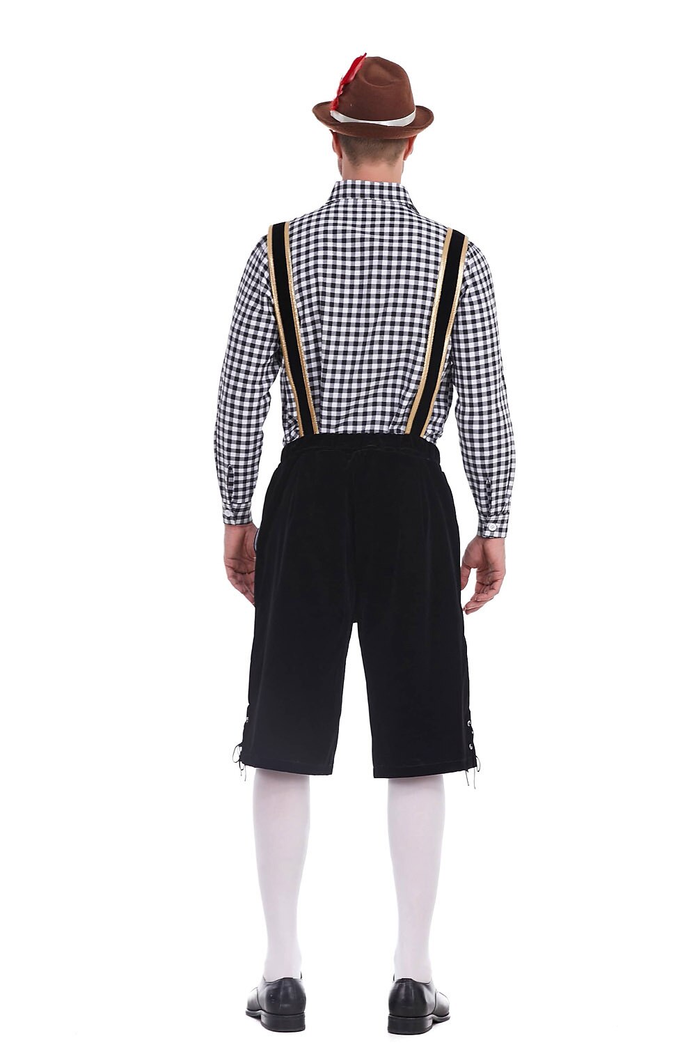 Men's Oktoberfest Costume with Embroidered Black Lederhosen, Shirt and Hat