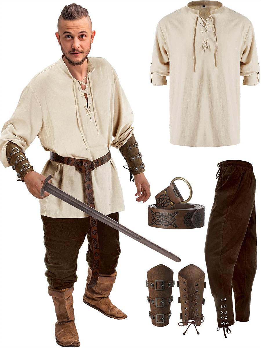 Outfit-Set im Piraten- und Wikingerstil: Hemd, Hose, Hüftgürtel