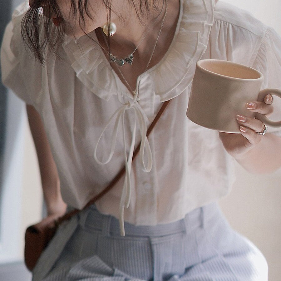 Vintage Tie-Neck Embroidered Ruffle Collar Puff Sleeve Blouse - Retrorobe