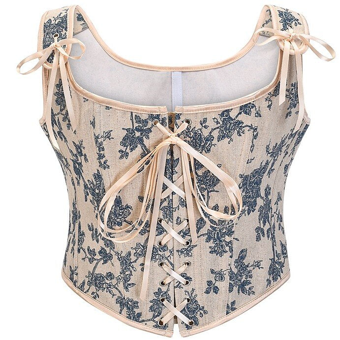 Vintage Floral Print Lace-Up Front U-Back Corset Top