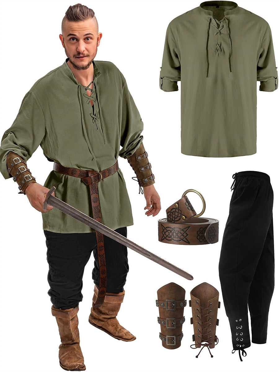 Outfit-Set im Piraten- und Wikingerstil: Hemd, Hose, Hüftgürtel