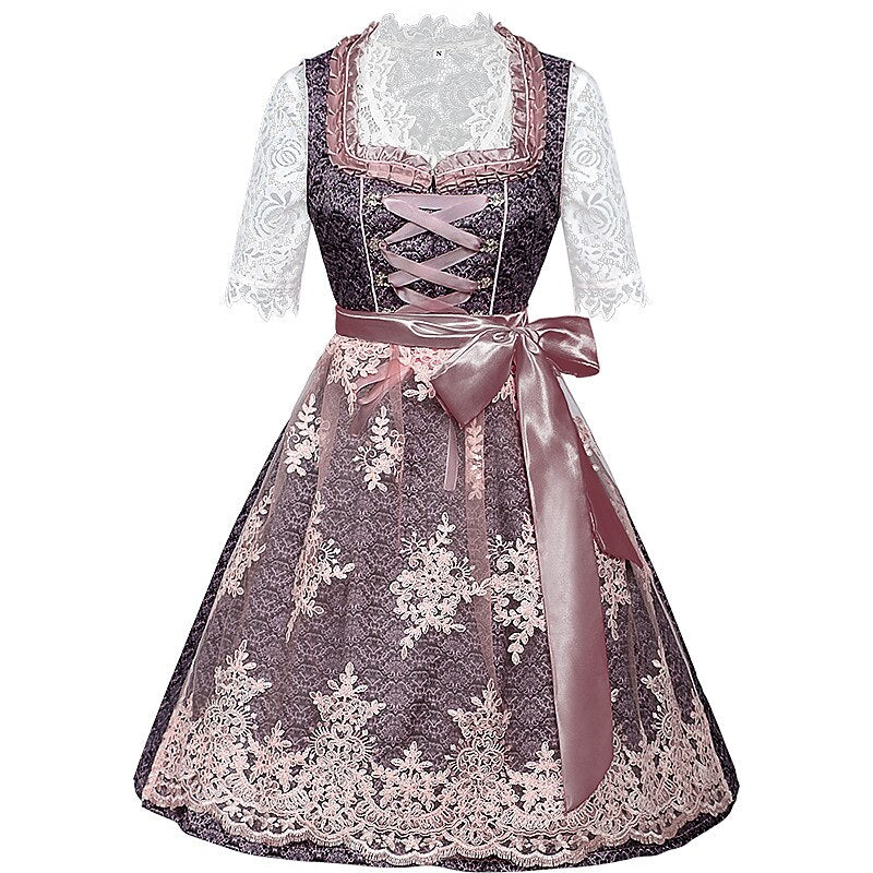 Oktoberfest Dirndlkleid mit Stickerei in Rosa mit Spitzenschürze und Bluse