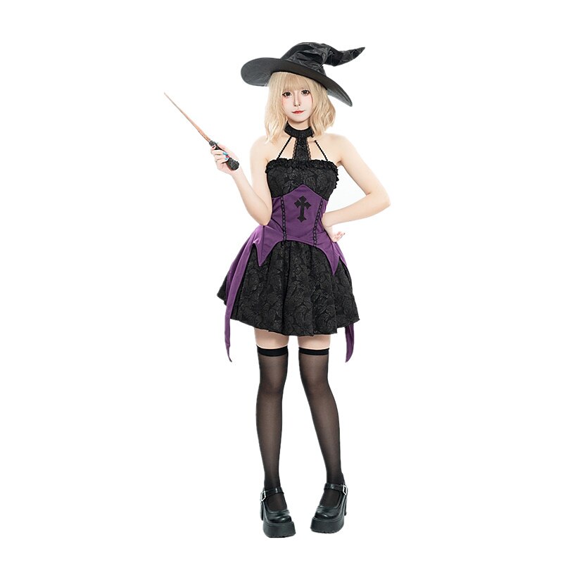 Gothic Witch Costume Black Purple Corset Mini Dress with Hat