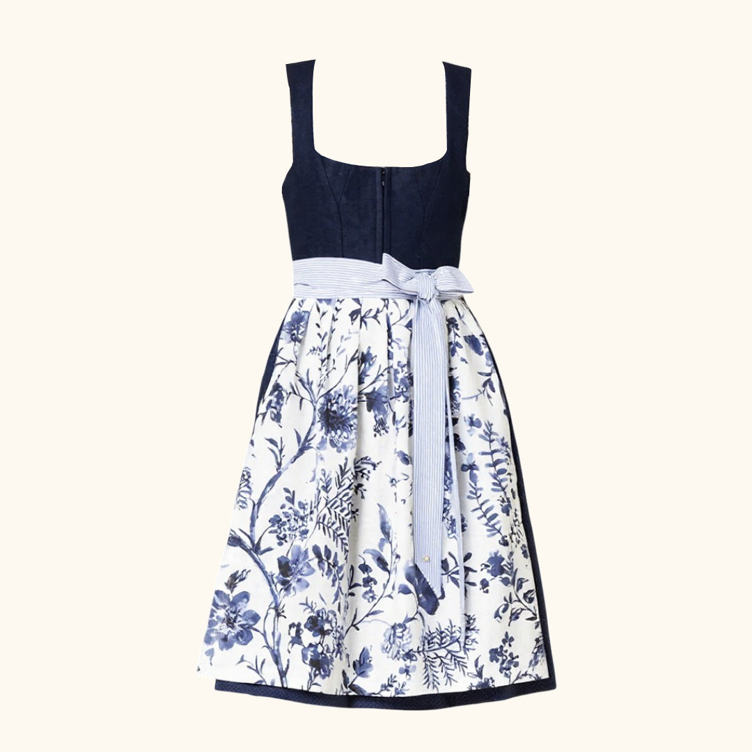 Oktoberfest Dirndlkleid mit blauem Blumenmuster und Schürze