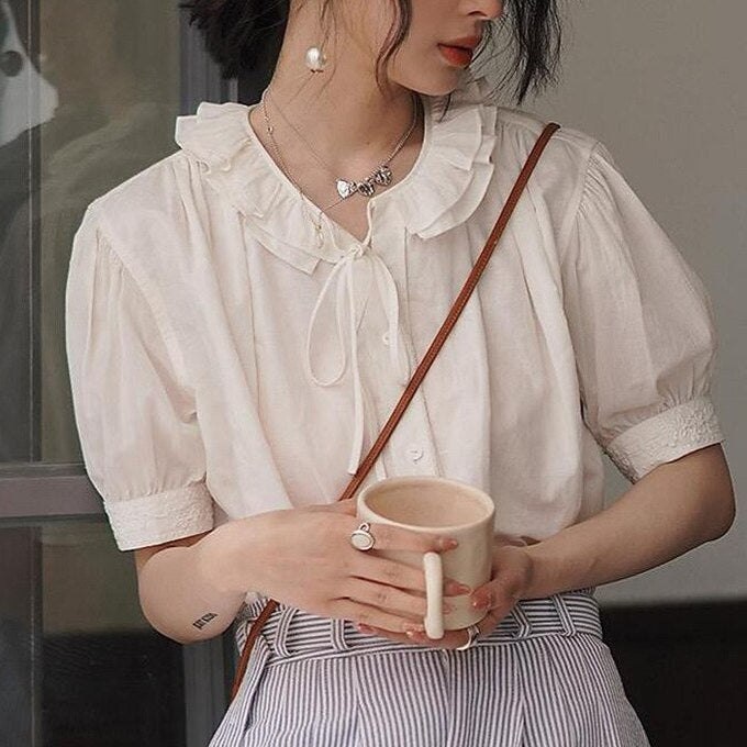 Vintage Tie-Neck Embroidered Ruffle Collar Puff Sleeve Blouse - Retrorobe
