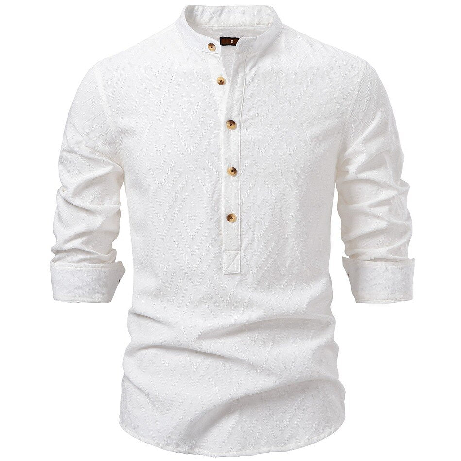 Medieval Style Textured Band Collar Tunic Shirt