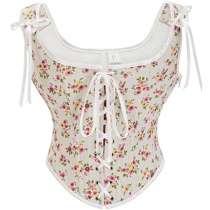 Vintage Floral Print Lace-Up Front U-Back Corset Top