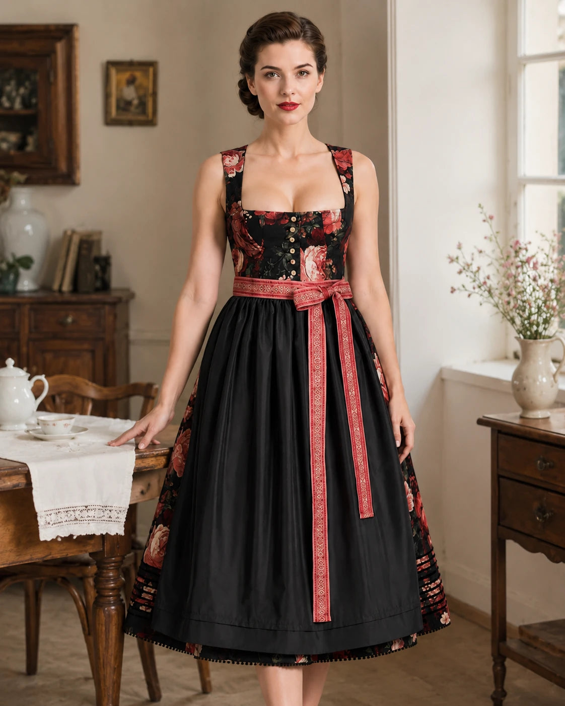 Floral Dirndl Dress with Apron Oktoberfest Women's Black Floral Dress –  retrorobe