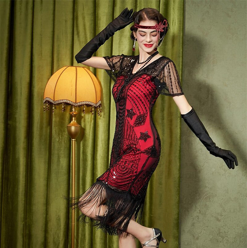 red and black flapper dress 1920s Red & Black Beaded Evelyn Flapper Dress
