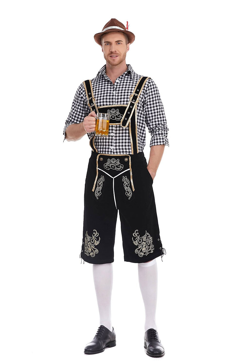 Men's Oktoberfest Costume with Embroidered Black Lederhosen, Shirt and Hat