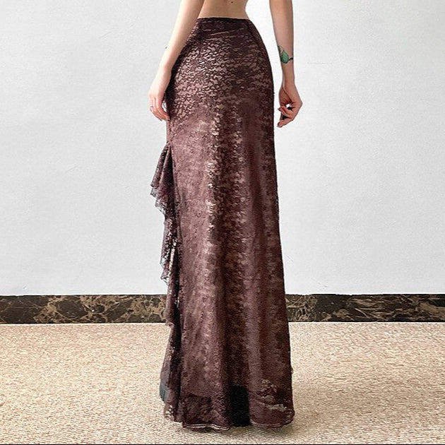 Gothic Style Asymmetrical Ruffled Lace Maxi Skirt - Retrorobe