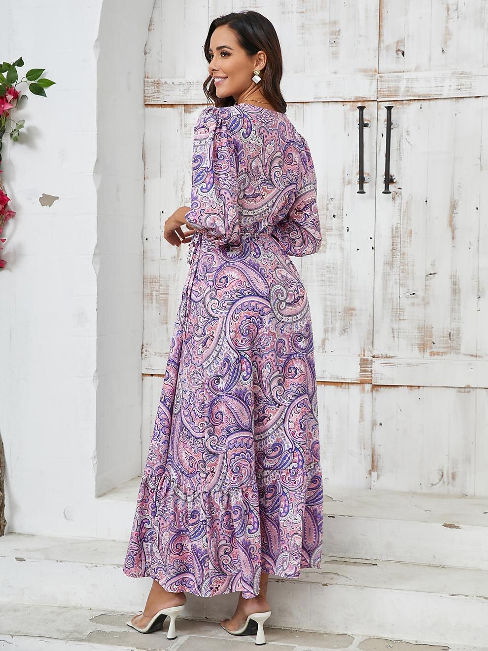 Retro 70s Bohemian Paisley Wrap V-neck Maxi Dress