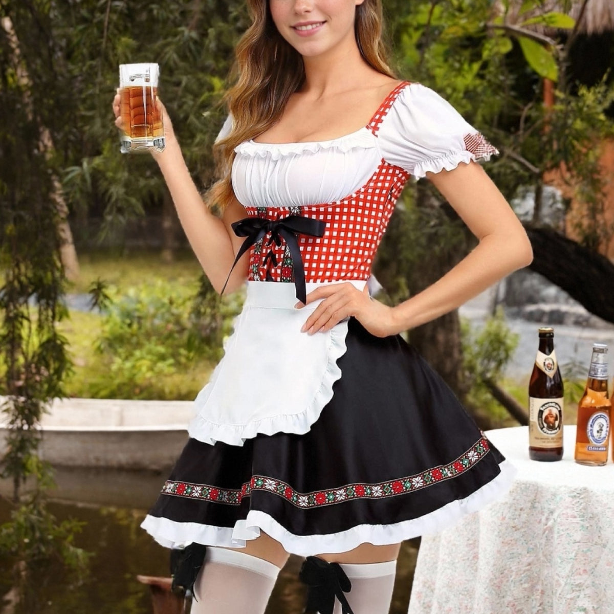 Oktoberfest Red Checkered Dirndl Dress with Apron and Blouse