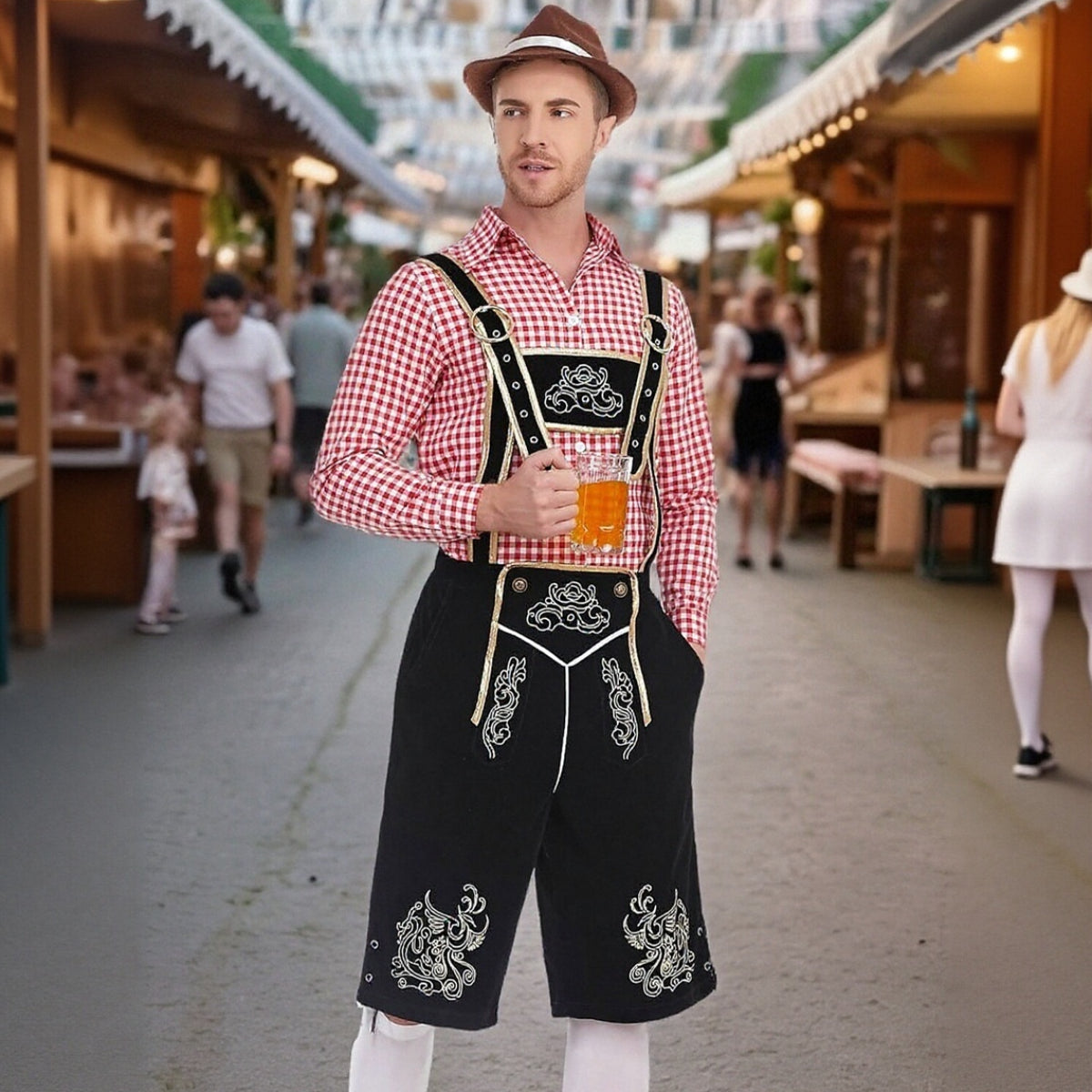Men's Oktoberfest Costume with Embroidered Black Lederhosen, Shirt and Hat