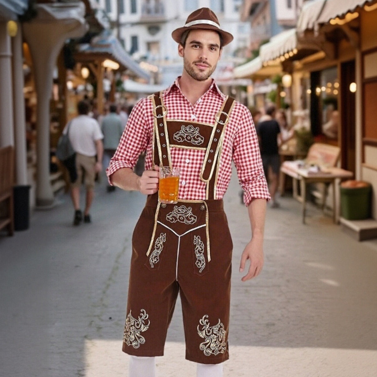 Oktoberfest Men’s Costume Set with Embroidered Lederhosen and Shirt