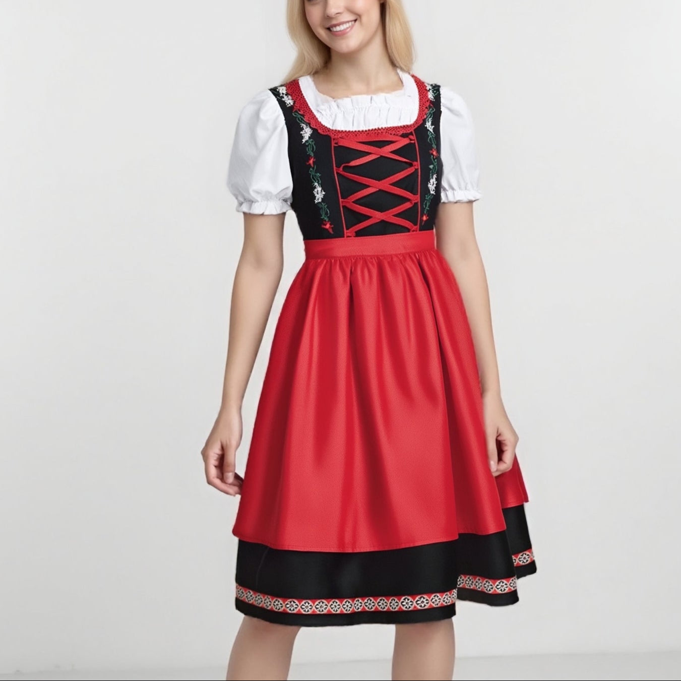 Oktoberfest Rot Schwarz Besticktes Dirndlkleid mit Schürze