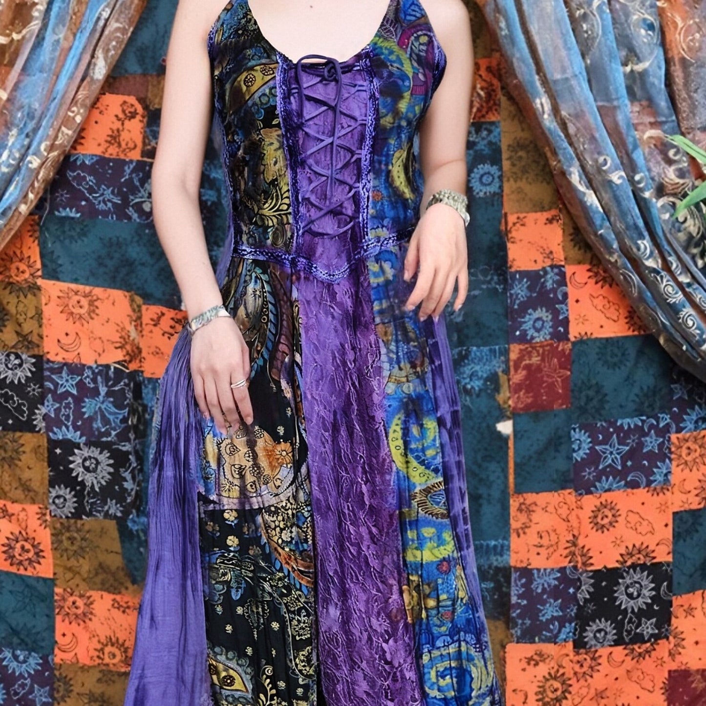 Boho Lace-Up Paisley Handmade Batik Maxi Dress