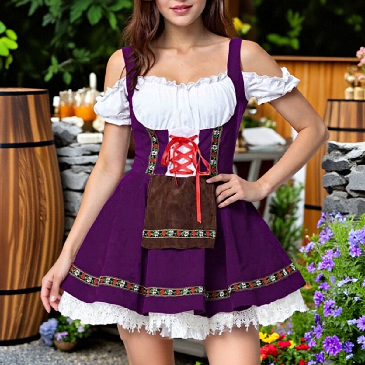 Oktoberfest Bavarian Purple Dirndl Dress with Apron