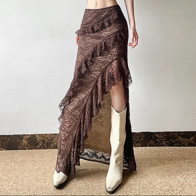 Gothic Style Asymmetrical Ruffled Lace Maxi Skirt - Retrorobe