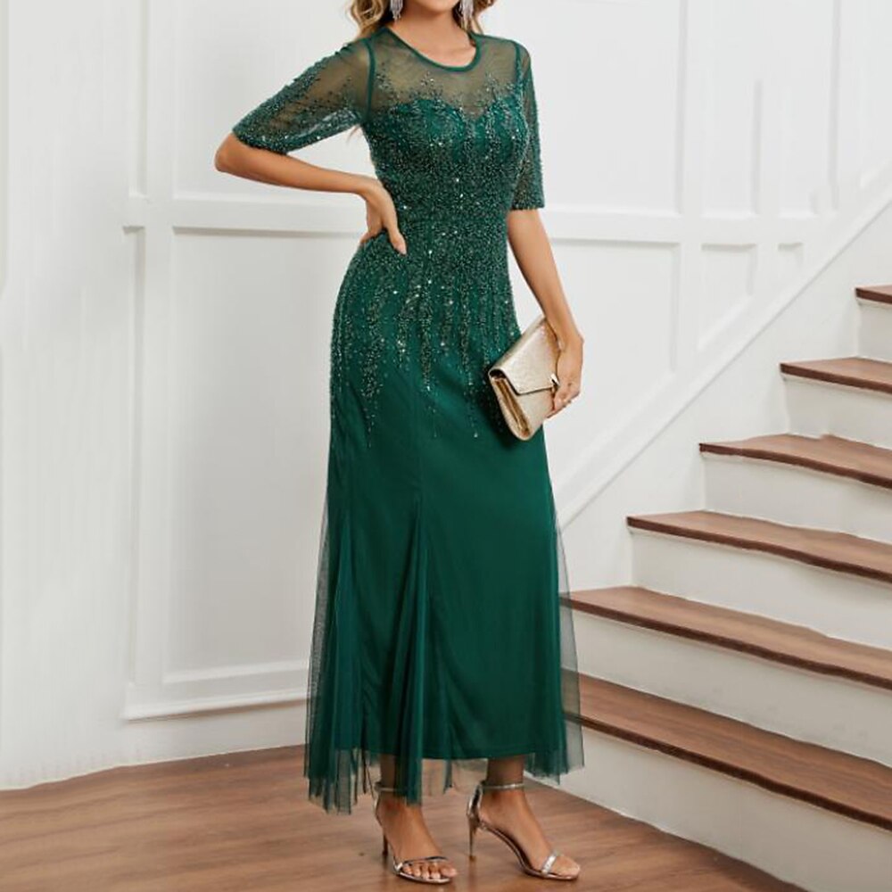 Elegant Beaded Half Sleeve Evening Gown