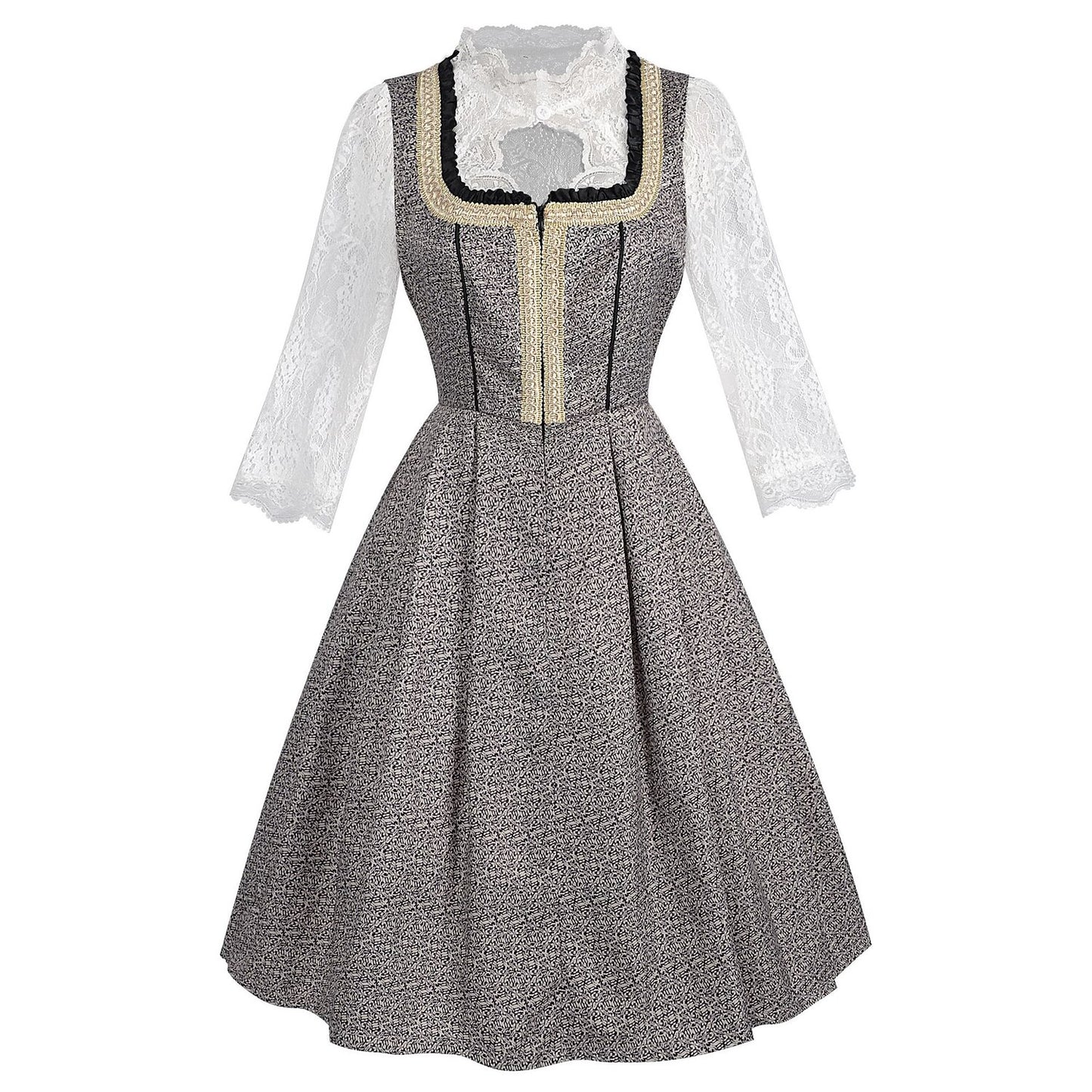 Robe Dirndl grise Oktoberfest avec tablier et chemisier en dentelle