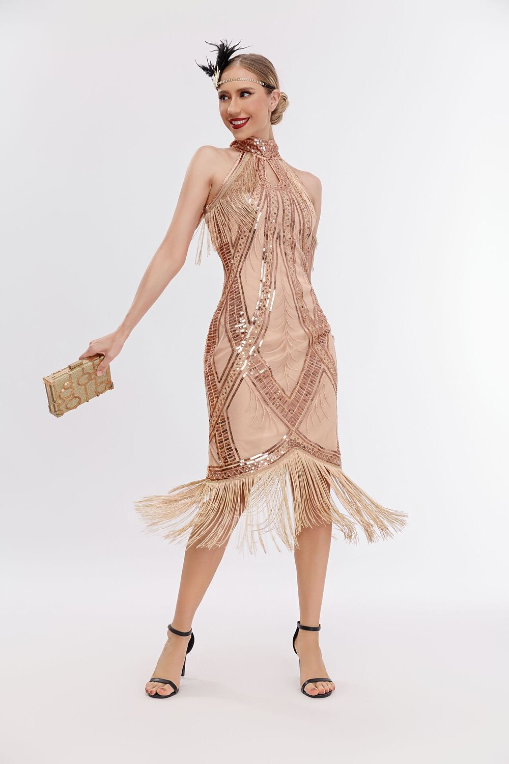 Halter Neck Sequin Flapper Dress with Geometric Design