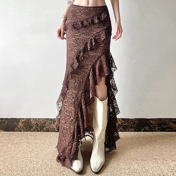 Gothic Style Asymmetrical Ruffled Lace Maxi Skirt - Retrorobe