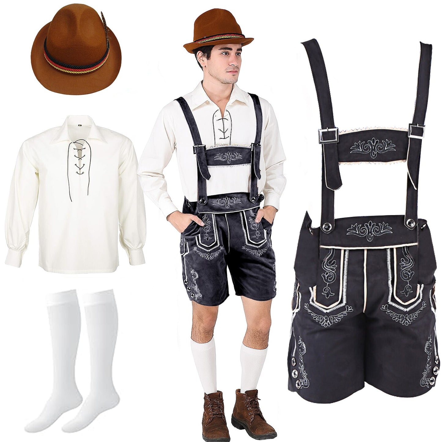 Oktoberfest Lederhosen Outfit Costume Set with Shirt, Hat, and Socks