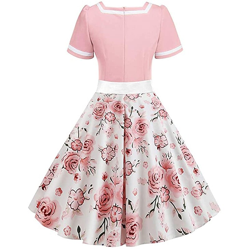 Women's 1950s Floral V-Neck Short Sleeve Swing Dress