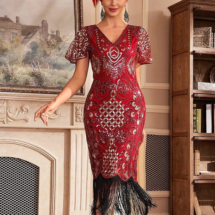 fitted lace wedding dress BABEYOND Charleston Shine Fringe Dress, 1920s Dresses, Velvet Rouge, 18 main image 0