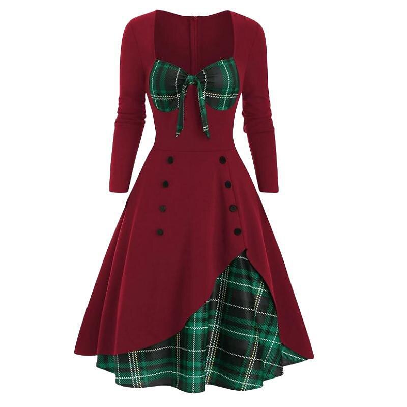 Retro Tie-Front Plaid Xmas Party Dress