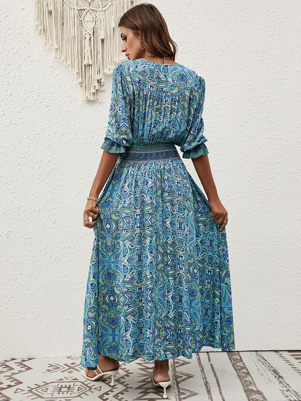Retro 70s Bohemian Paisley V-neck Smocked Waist Midi Dress