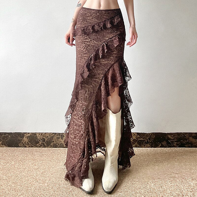 Gothic Style Asymmetrical Ruffled Lace Maxi Skirt - Retrorobe