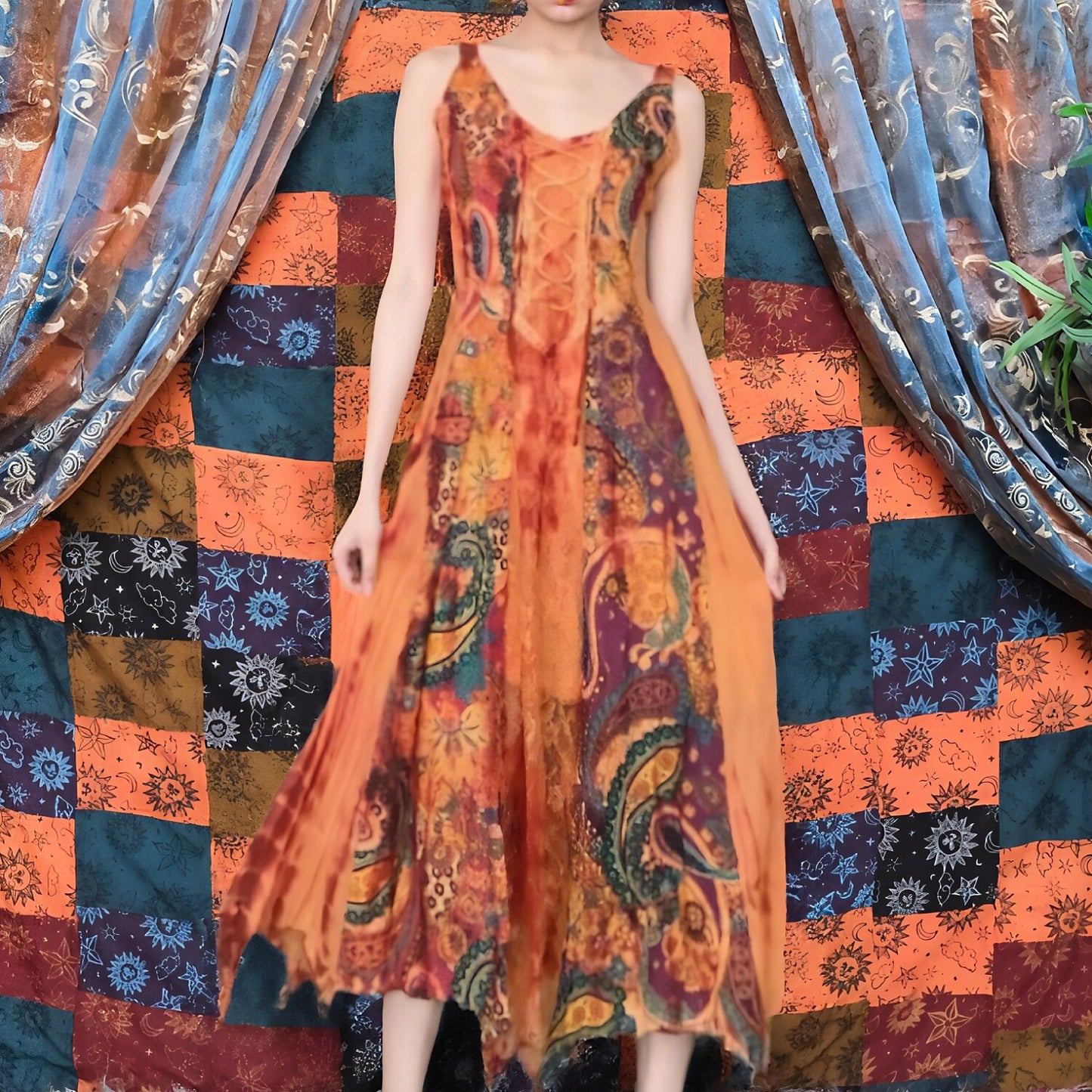 Boho Lace-Up Paisley Handmade Batik Maxi Dress