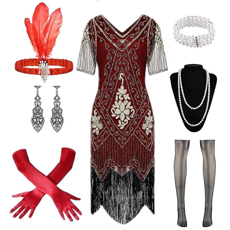 Art Deco Beaded Fringe Flapper Dress with Accessories Set