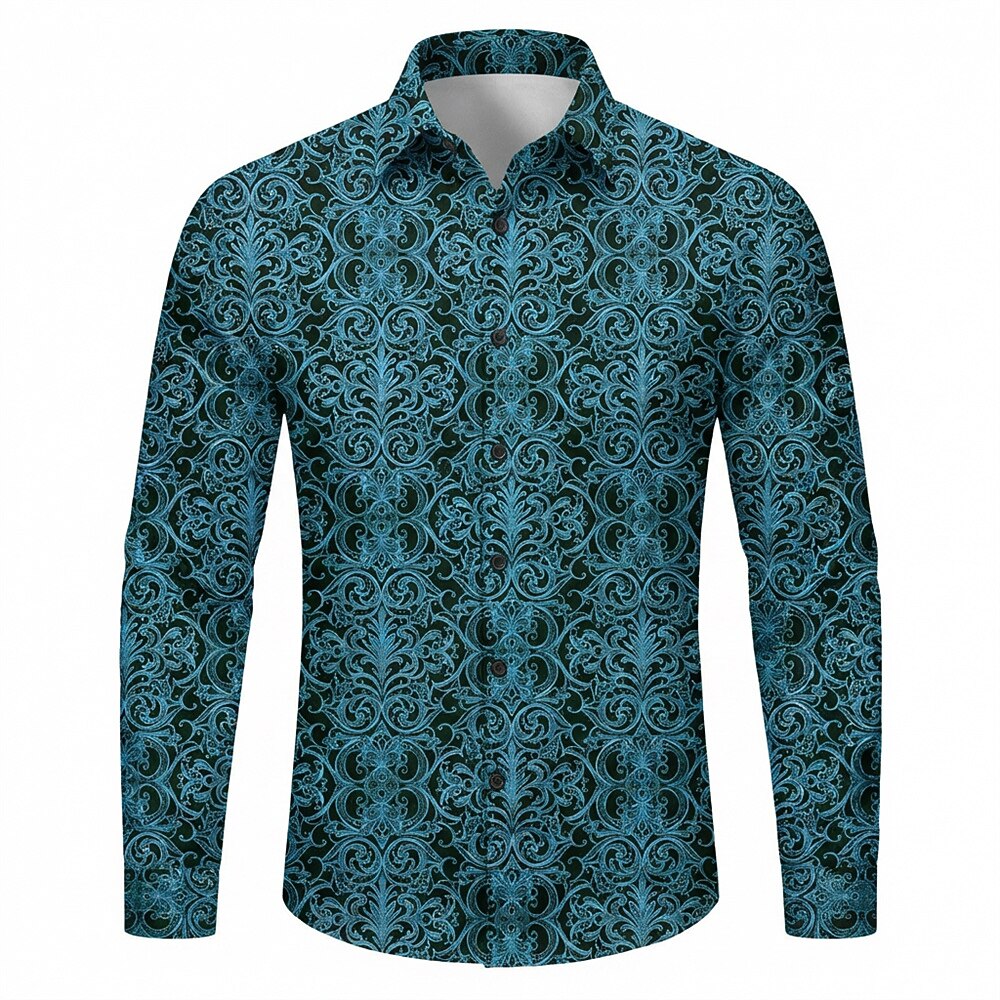 Retro 70S Vintage Ornate Baroque Pattern Long Sleeves Collar Shirt
