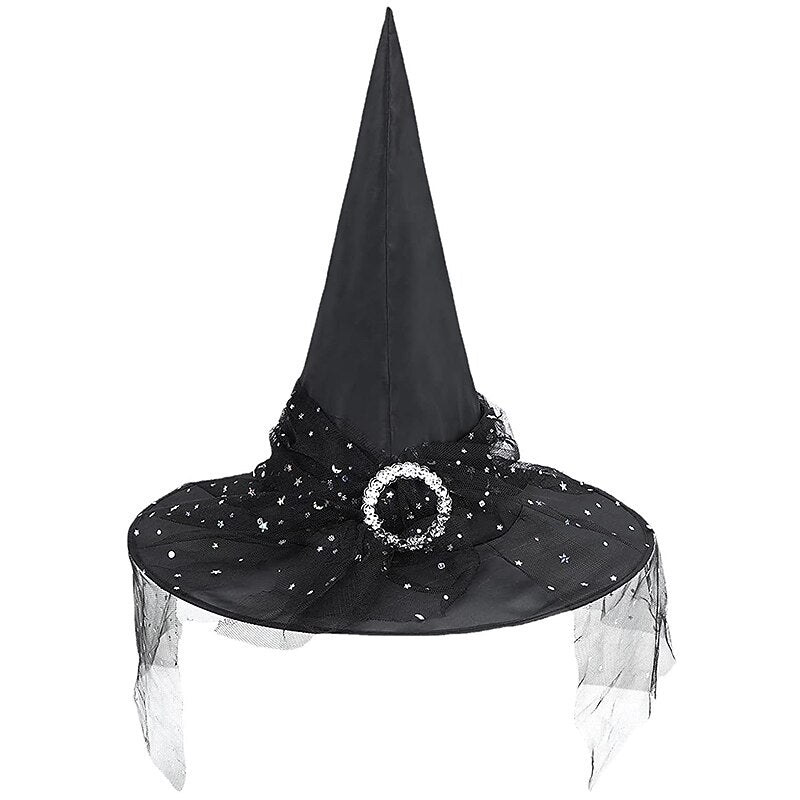 Black Witch Hat Pointed Sparkle Mesh Buckle