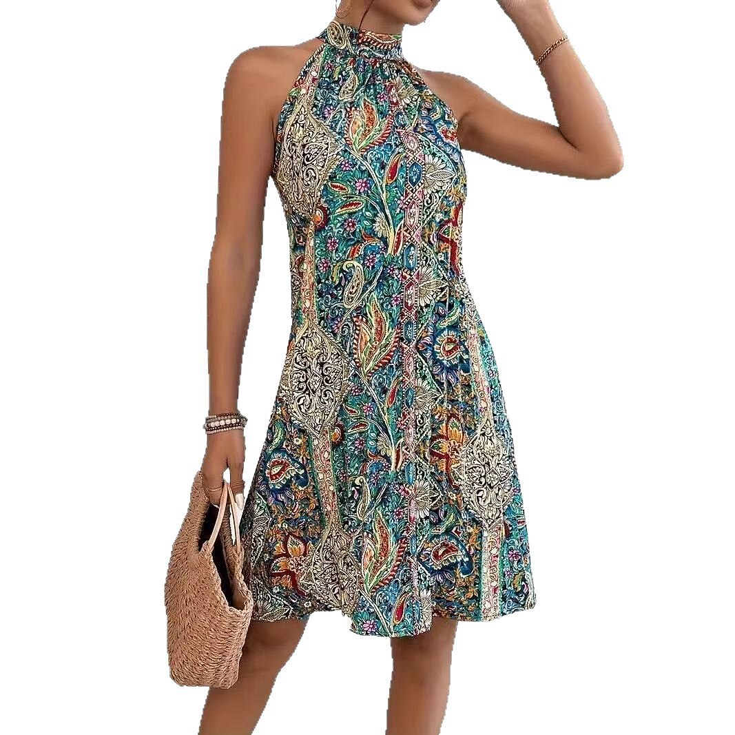 Retro 70s Bohemian Paisley Halter Neck A-line Dress