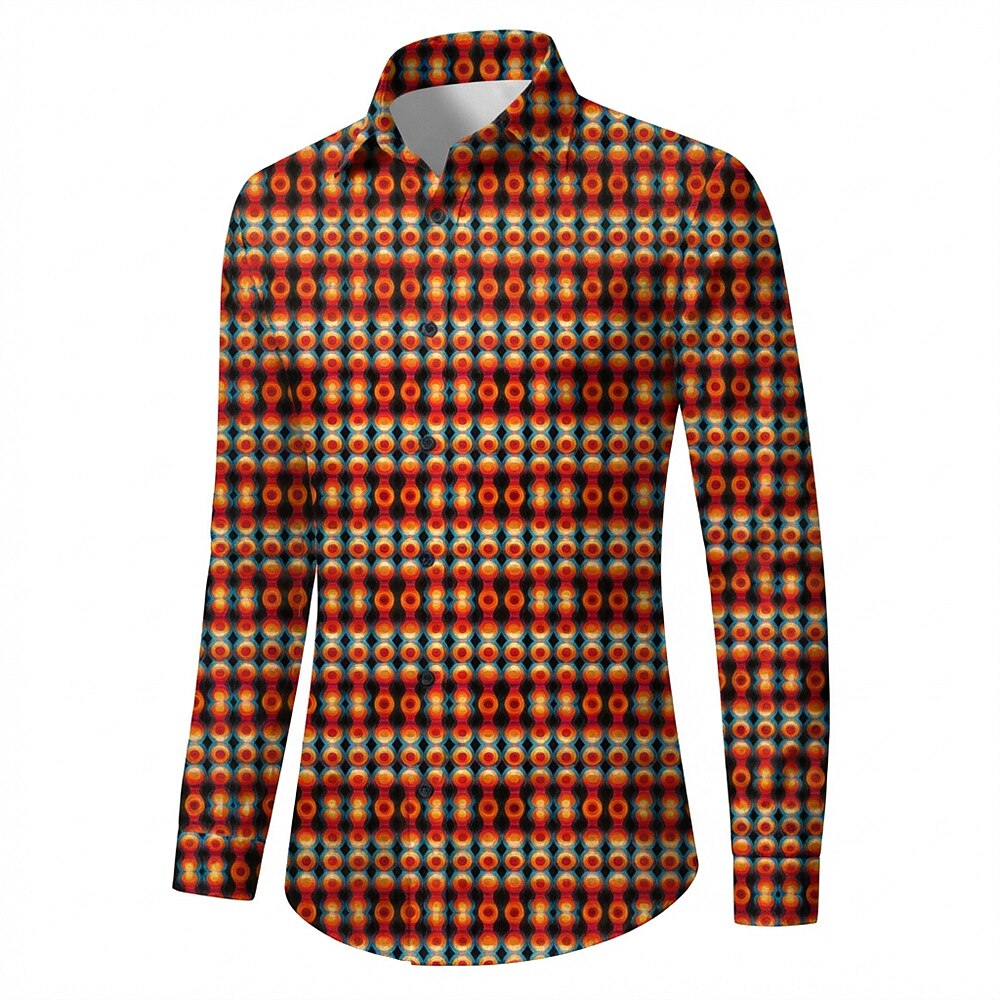 Retro 70S Vintage Geometric Circle Pattern Long Sleeves Collar Shirt