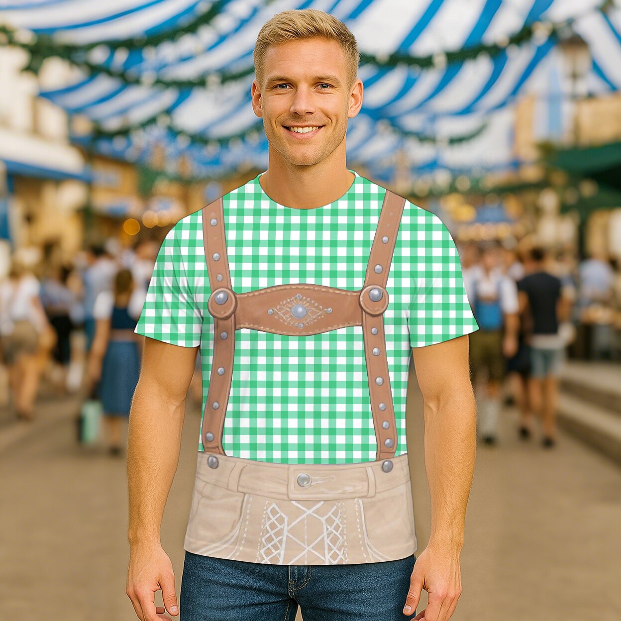 Herren Oktoberfest Blau Grün Lederhosen Grafik T-Shirt