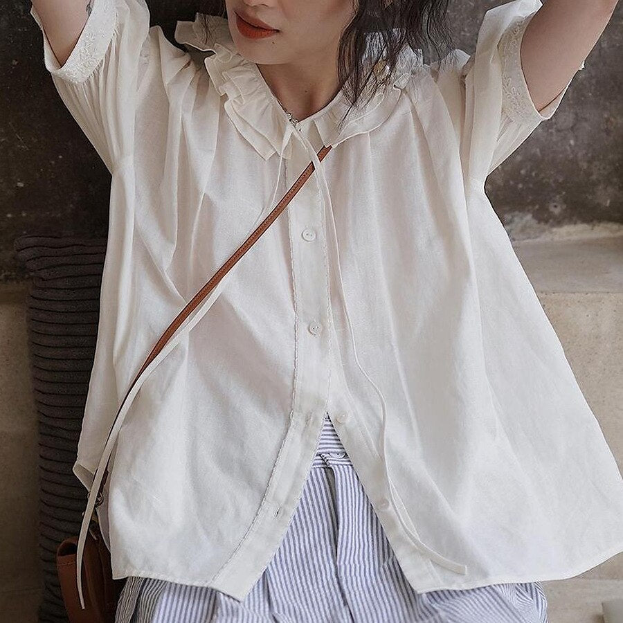 Vintage Tie-Neck Embroidered Ruffle Collar Puff Sleeve Blouse - Retrorobe