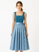 Women's Teal and Blue Dirndl Dress Square Neck Velvet Bodice with Apron