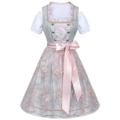 Costume d'Oktoberfest : robe rose Dirndl avec tablier et chemisier en dentelle 