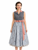 Women's Gray Dirndl Dress Lapel Collar with Deer Print Apron