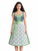 Robe Dirndl verte brodée Oktoberfest avec tablier en dentelle 